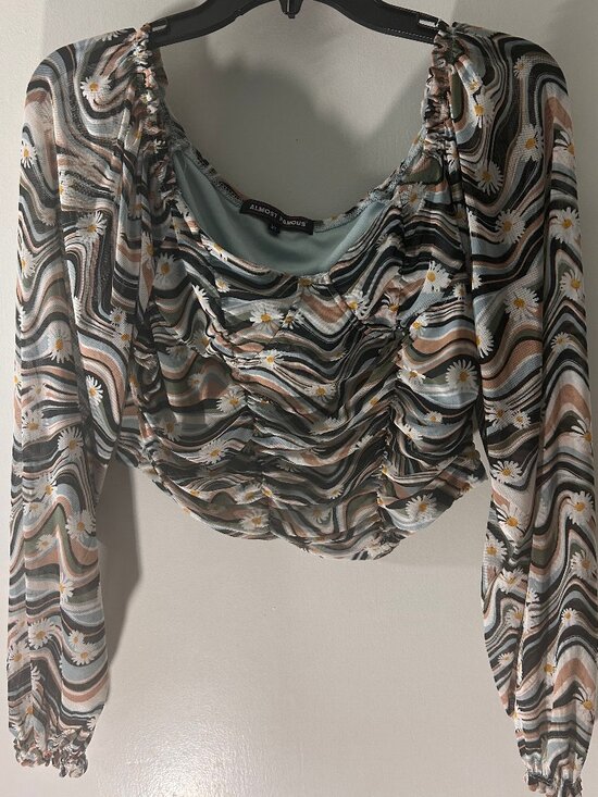 Almost Famous Tops - Almost Famous XL Retro Daisy Mesh Top Ruched Crop Sweetheart Neck Boho Y2K